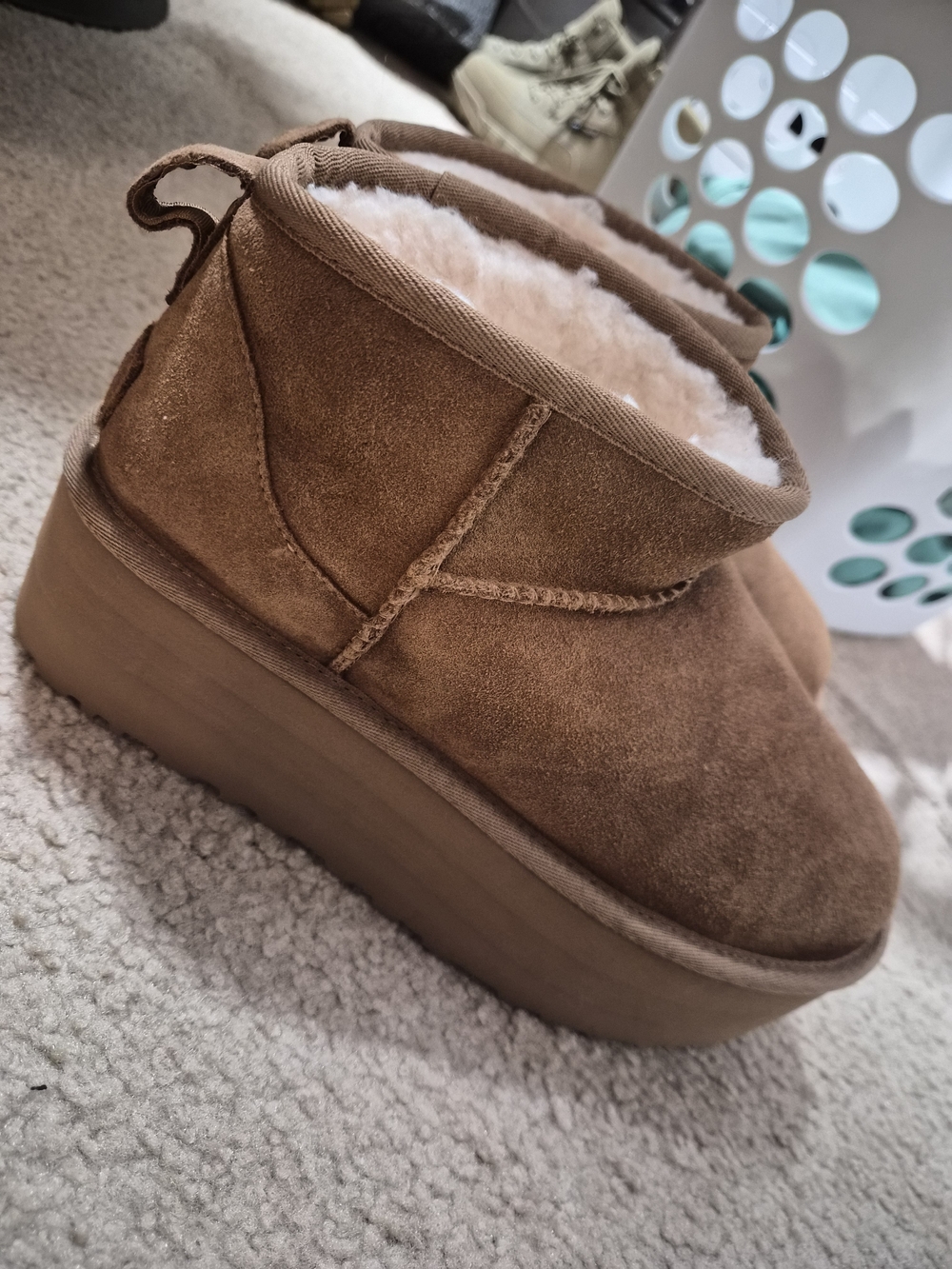 Womens Chestnut Suede Platform Shearling Booties